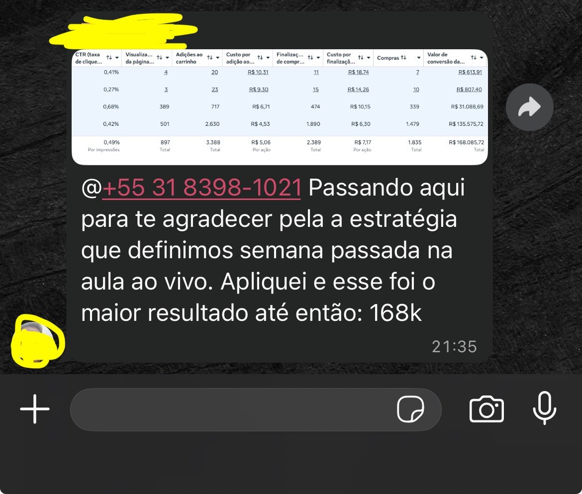 Cliente agradece pela estratégia da aula ao vivo e alcança 168k de faturamento