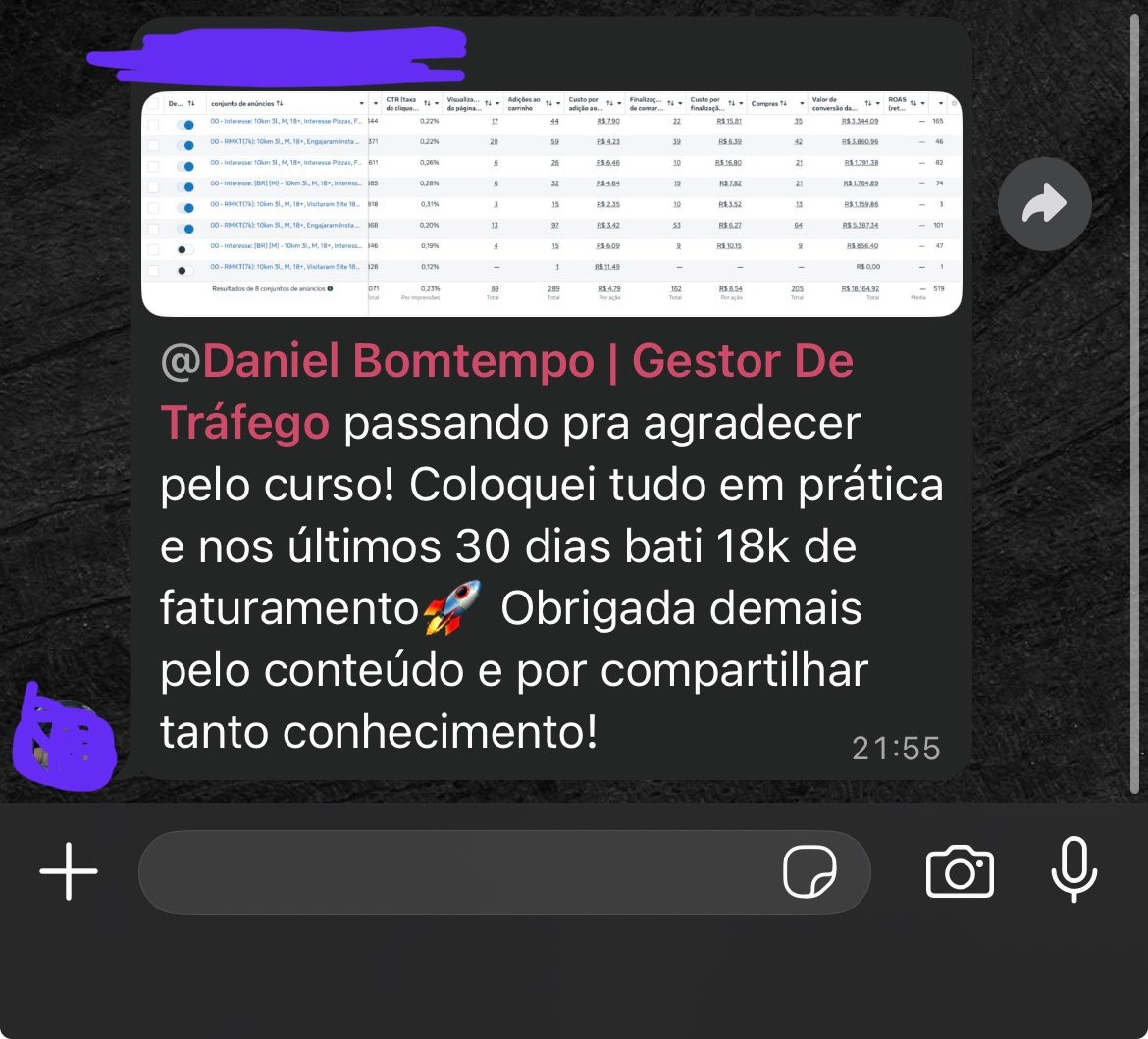 Aluna agradece pelo curso e relata 18k de faturamento em 30 dias