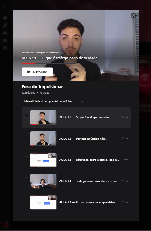 Player de aula do treinamento, com a lista de aulas do módulo